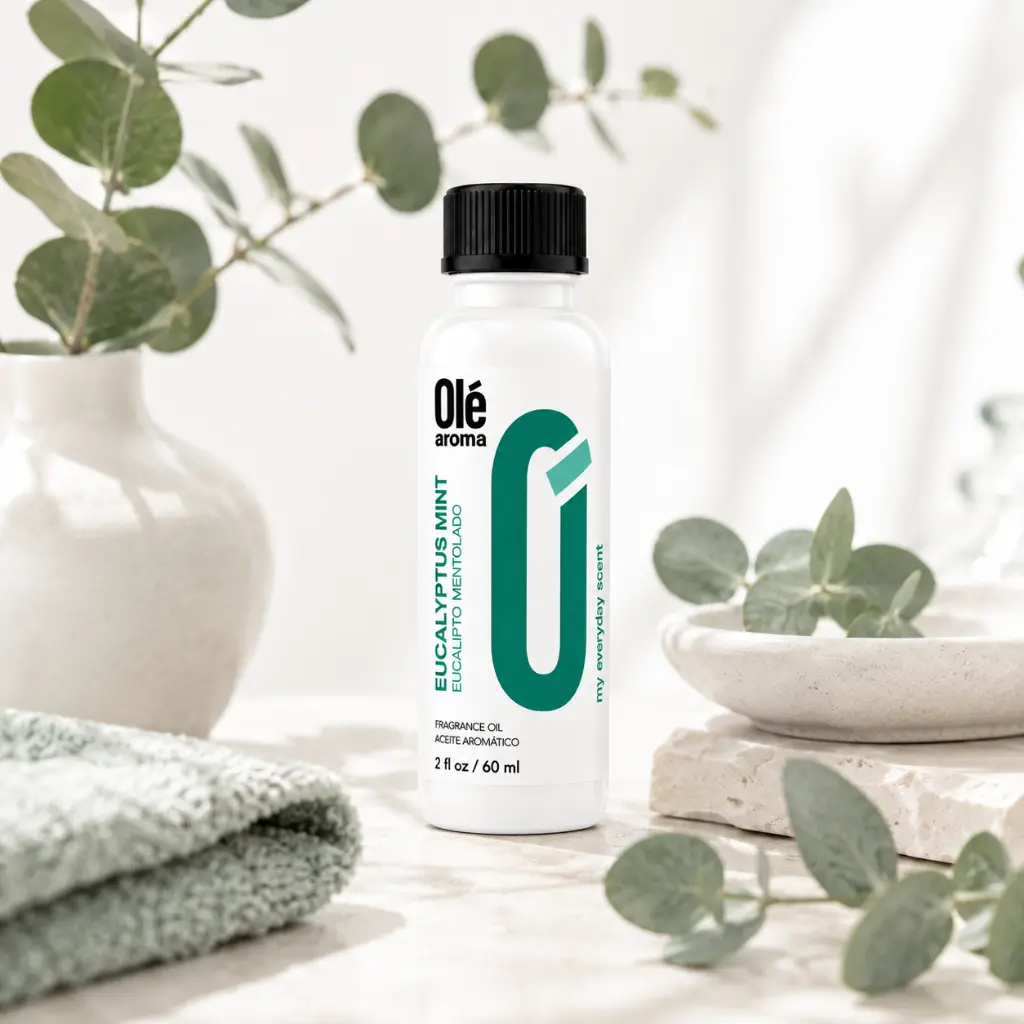 Ole Aroma Eucalyptus Mint 2 oz fragrance oil displayed in a fresh clean home lifestyle setting