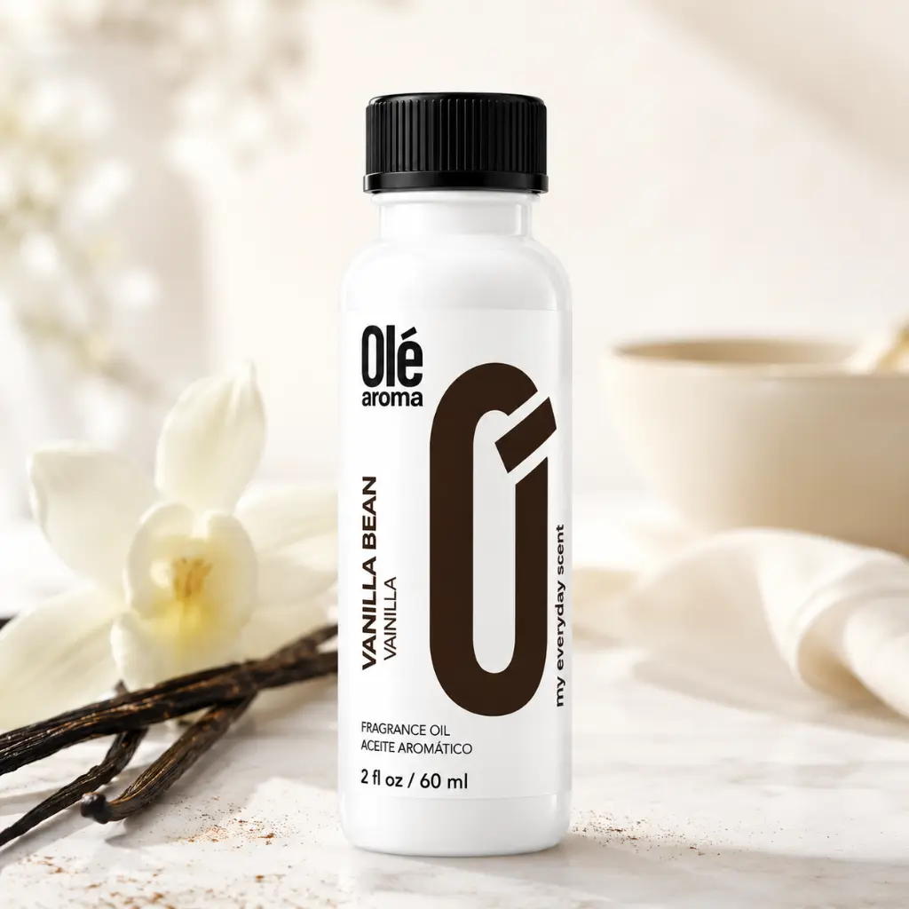 Ole Aroma Vanilla Bean 2 oz fragrance oil displayed in a warm cozy home lifestyle setting