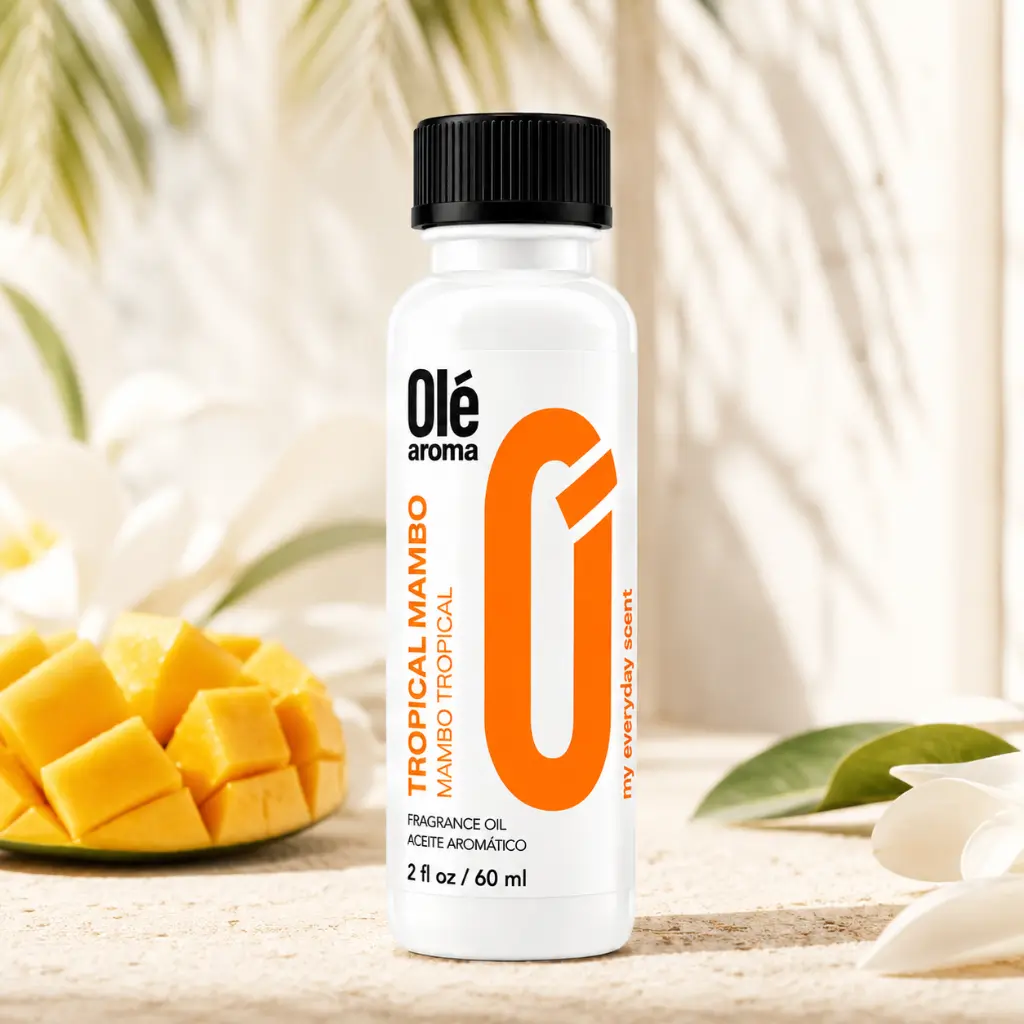 Ole Aroma Tropical Mambo 2 oz fragrance oil displayed in a vibrant tropical home lifestyle setting