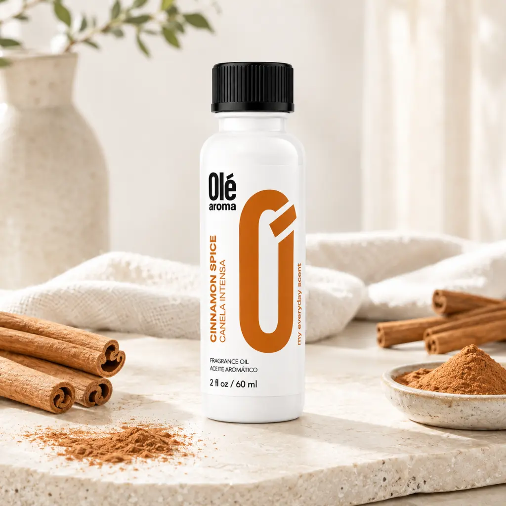 Ole Aroma Cinnamon Spice 2 oz fragrance oil displayed in a warm inviting home lifestyle setting